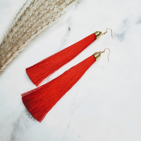 5 for $25 Red Tassel Drop Fringe Earrings - Picture 2 of 5